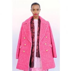 J Crew Pink Diamond Tweed Coat Jacket blazer Gold Button Accent Size 12 JCREW L